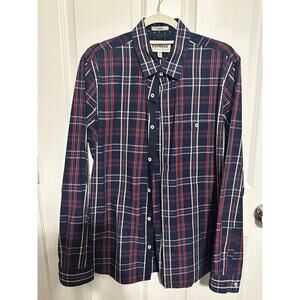 Express Men's Navy Blue Plaid Fitted Shirt Large